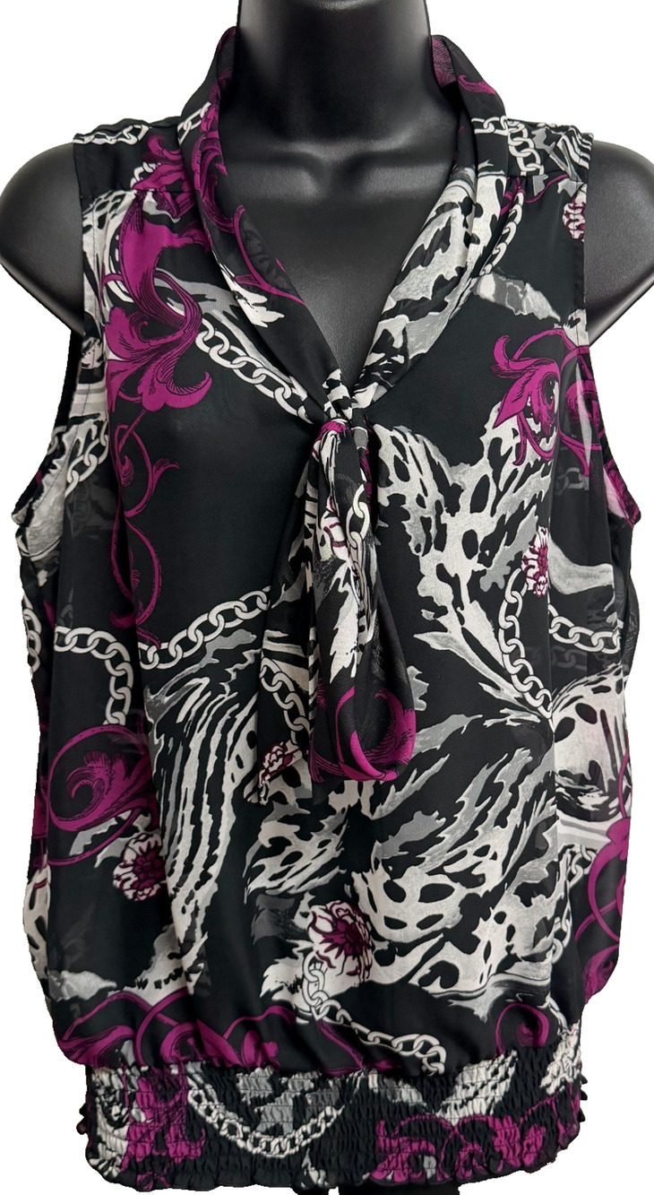 IZ Byer Sleeveless Blouse Womens XL Black Purple Smocked Floral Y2K Tank Top
